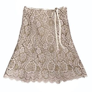 Anthropologie Odille Lace Overlay Midi Skirt Gold Shimmer with Satin Trim Size 6